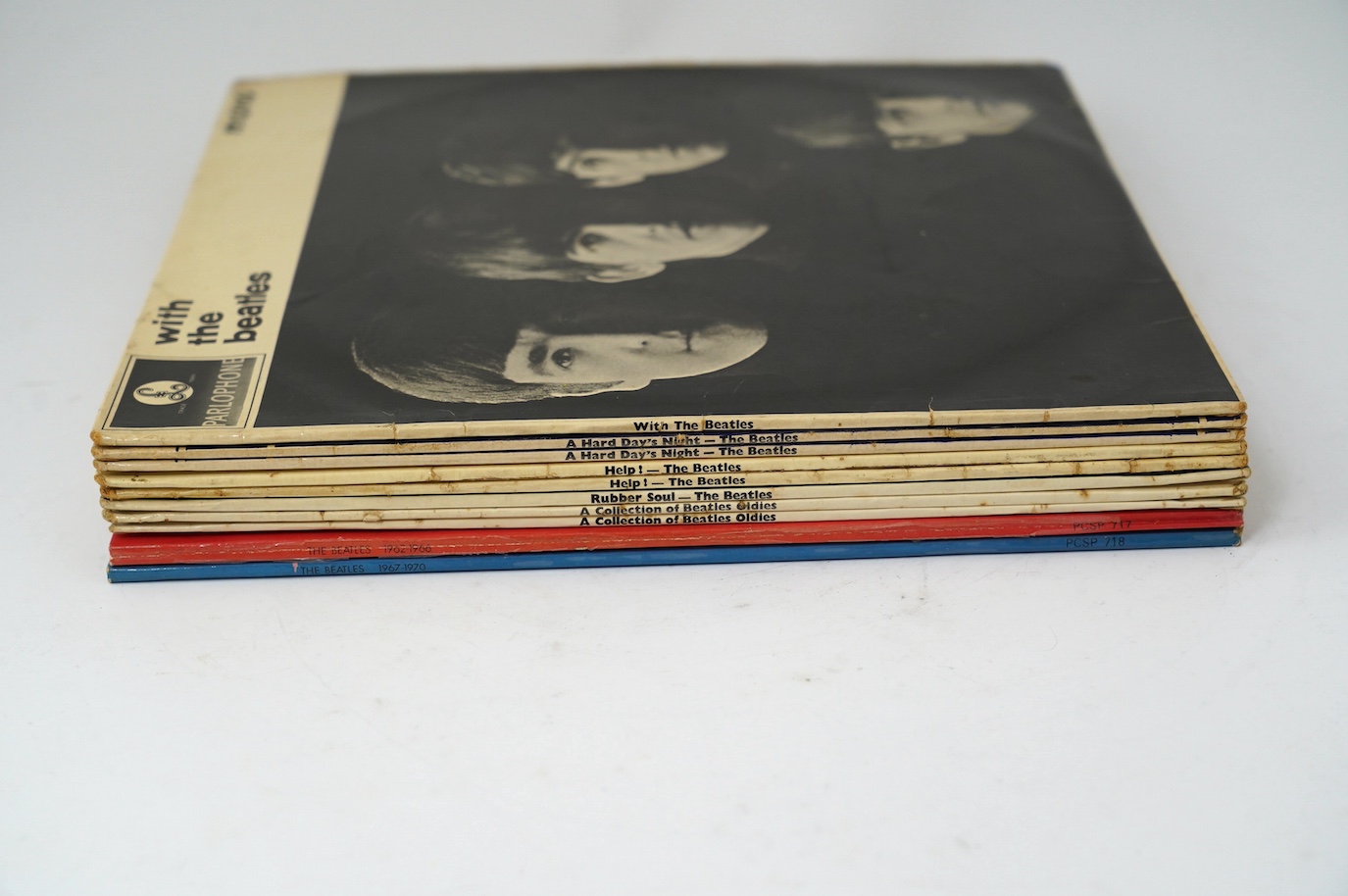 Ten The Beatles LP record albums; With The Beatles, PMC 1206, XEX.447, two copies of A Hard Day’s Night, both PMC 1230, XEX.481, two copies of Help!, PMC 1255, XEX.549 and PMC 1255, XEX.550, Rubber Soul, PMC 1267, XEX.57